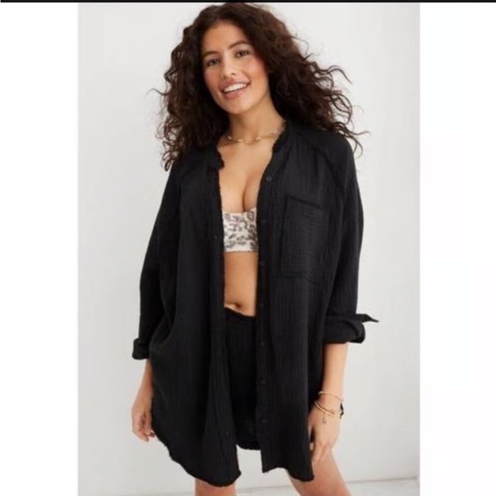 Aerie Pool to Party Oversized‎ Soft Gauze Textured Button Down Lavender Top - Picture 3 of 7